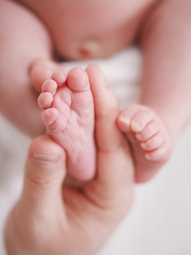 Macro close-up of newborn baby feet cradled in parent's hands, in-home newborn session Western Springs IL